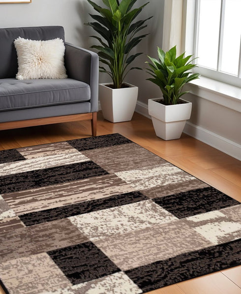 12' Black Brown And Beige Patchwork Runner Rug